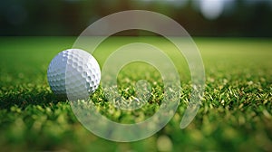 a golf ball sitting on the smooth, short-cropped grass of a putting green. The ball's texture and the precision of