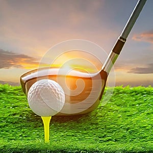 a golf ball sitting on top of a tee next to a wooden golf club. The scene is set on a golf course at sunset.close-up view