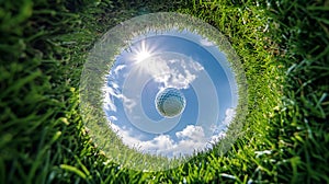 A golf ball soars sky-high, framed by a grassy edge against a sunlit blue sky with fluffy clouds
