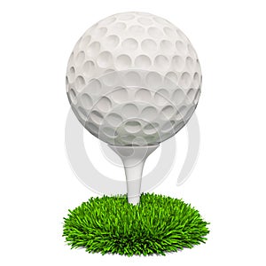 Golf ball on the stand in the grass, 3D rendering