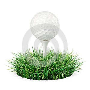 Golf ball on stand in piece grass. 3d render on white background