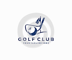 Golf ball with stick and flagstick logo design. Professional golf course with golf ball and club vector design
