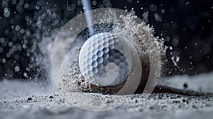 A golf ball strikes sand, creating a dynamic explosion of particles