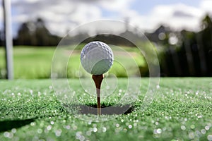 golf ball on a tee on an artificial turf driving range