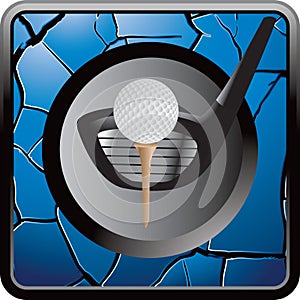 Golf ball on tee with club on blue cracked icon