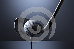 Golf ball on tee with club isolated on dark blue background.