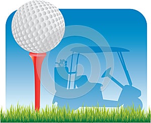 Golf ball on tee with golf cart silhouette