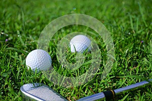 Golf ball and tee on golf green course background