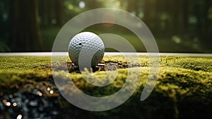 Golf ball on tee on green grass of golf course background, backgrounds for banner