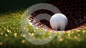 Golf ball on tee on green grass of golf course background, backgrounds for banner