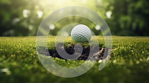 Golf ball on tee on green grass of golf course background, backgrounds for banner