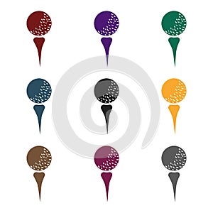 Golf ball on tee icon in black style isolated on white background. Golf club symbol stock vector illustration.