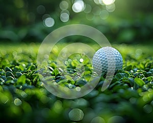 Golf ball on a tee at a lush course