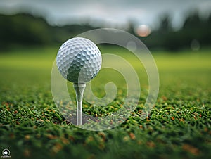 Golf ball on a tee with a lush fairway in the background