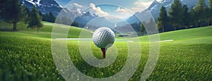 Golf ball on tee with mountain backdrop. The background reveals a beautifully manicured golf course with a challenging