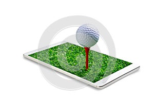 The golf ball on tee pegs in the smartphone isolated on white background