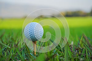 Golf ball on tee ready to play in the evening golf course with sunshine