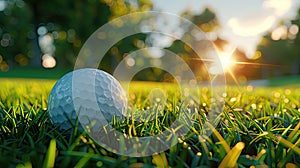 Golf ball on the tee at sunset on a golf course.