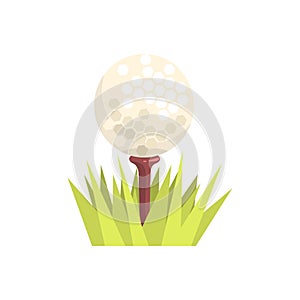 Golf ball on a tee tee in green grass, golf sport equipment cartoon vector Illustration