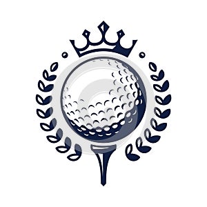 Golf ball vector logo. Golf ball on tee with wreath and crown. Vector illustration