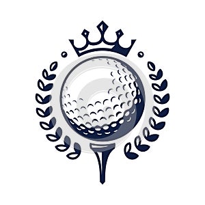 Golf ball vector logo. Golf ball on tee with wreath and crown. Vector illustration photo