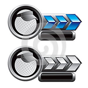 Golf ball with visor on blue and white arrow tabs