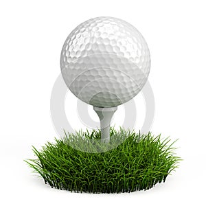 Golf ball on white tee and green grass isolated on white