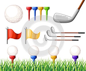 Golf balls on different color tee and various golf clubs green grass golf course illustration isolated on white background