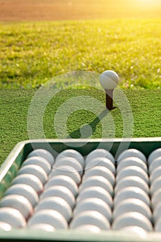 Golf balls on green grass background.
