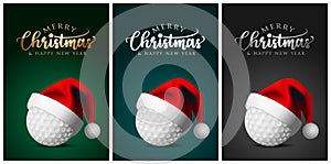 Golf balls and Santa Claus hat - Merry christmas Greeting Cards - vector design illustration Set of green - blue black Backgroun