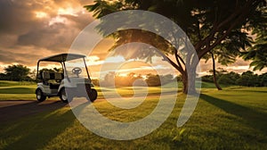 A Golf car, Golf cart car in fairway of golf course with fresh green grass field and cloud sky and tree at sunset. Generative Ai