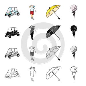 Golf car, golfer, umbrella, ball on the stand. Golf set collection icons in cartoon black monochrome outline style