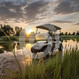 golf cart backlit by setting sun on 18th hole of course