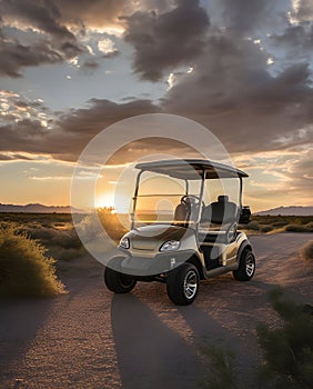 golf cart backlit by setting sun on 18th hole of course