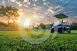 Golf cart car on golf course with grass field and cloud sky