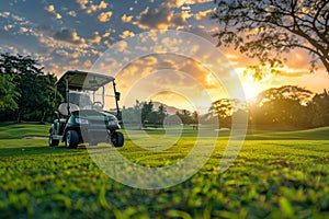 Golf cart car on golf course with grass field and cloud sky