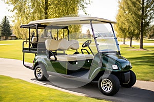 golf cart with extra seating parked on the green