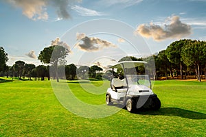 Golf cart in fairway of golf course with green grass field with cloudy sky and trees at sunset in Belek, Turkey