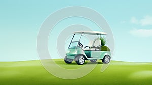 Golf cart on golf course with green grass field with blue sky and trees