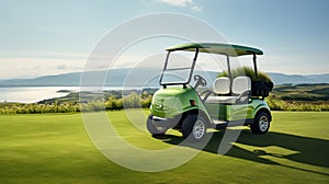 Golf cart on golf course with green grass field with blue sky and trees