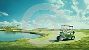 Golf cart on golf course with green grass field with blue sky and trees