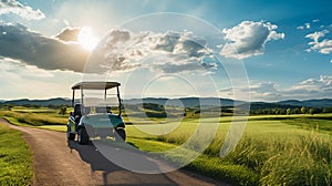 Vibrant Golf Cart Journey Through Lush Fields And Majestic Skies photo