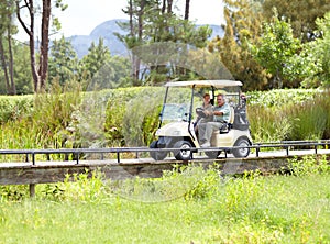 Golf cart, old couple or golfers driving on field in fitness workout or exercise on green course together. Mature male