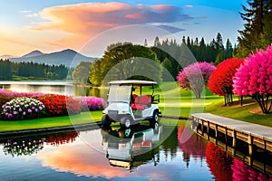 A golf cart parked beside a tranquil pond on a lush course, surrounded by colorful flowers and lush greenery