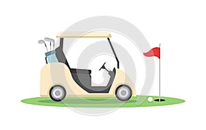 Golf cart and red flag isolated on white background.