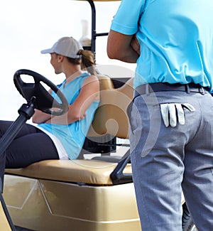 Golf cart, sports or golfers on course for fitness, workout or exercise with teamwork in collaboration. Woman driver