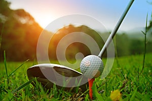 golf club and golf ball close up in grass field with sunset.