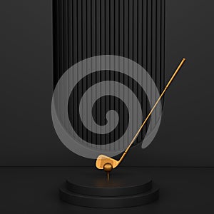 Golf club with ball on cylinder podium with steps on monochrome background