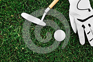 Golf club, ball and glove on green grass, flat