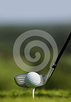 Golf club and ball in grass